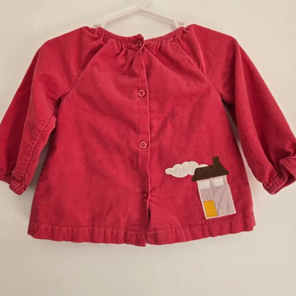 Baby Boden Girl Pink Corduroy Dress House Applique Long Sleeve 6-12 Months
